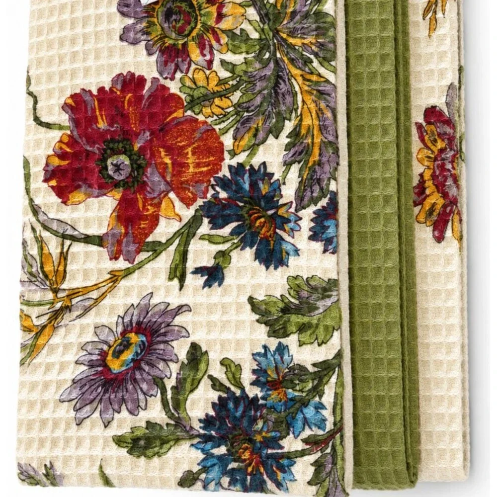 April Cornell Wildflowers Dish Towels Set of 3 Beige Green Floral Waffle Weave
